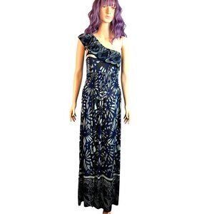 One-Shoulder Maxi Dress In Abstract Blue & White Print By Michael F